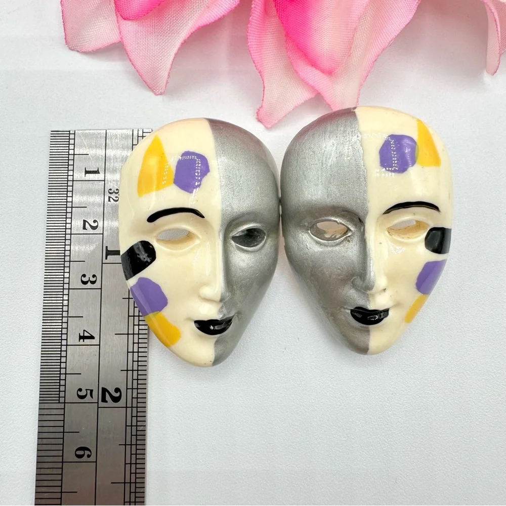 Vintage Mask Split Face Doll Carnival Earrings Artsy Avant Garde Fair Festival - Picture 7 of 10